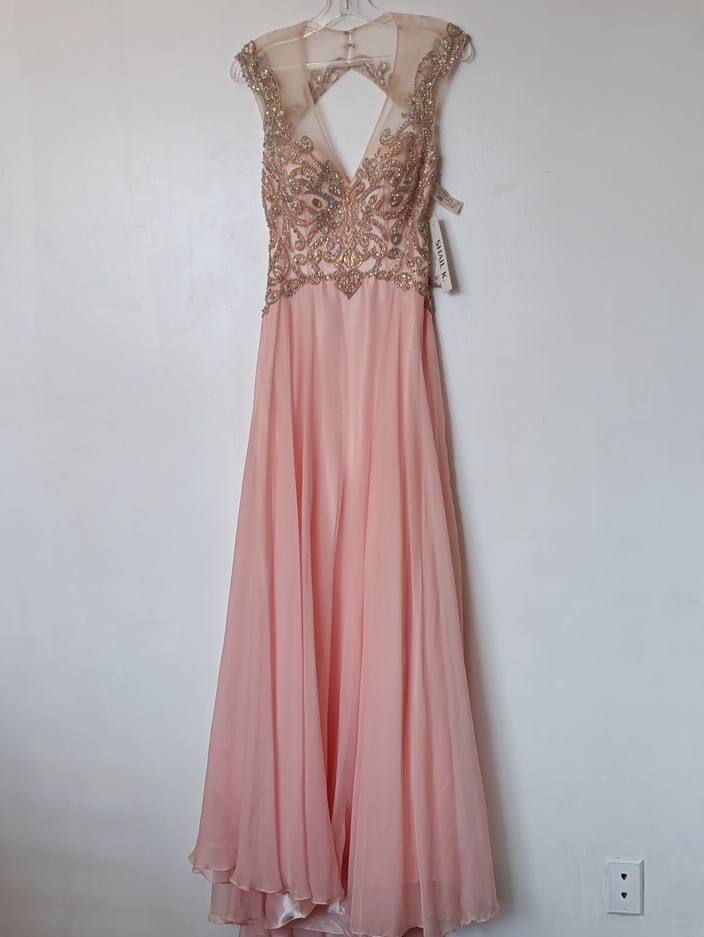 Vintage Blush Pink Beaded Maxi Gown With Sheer V-Back